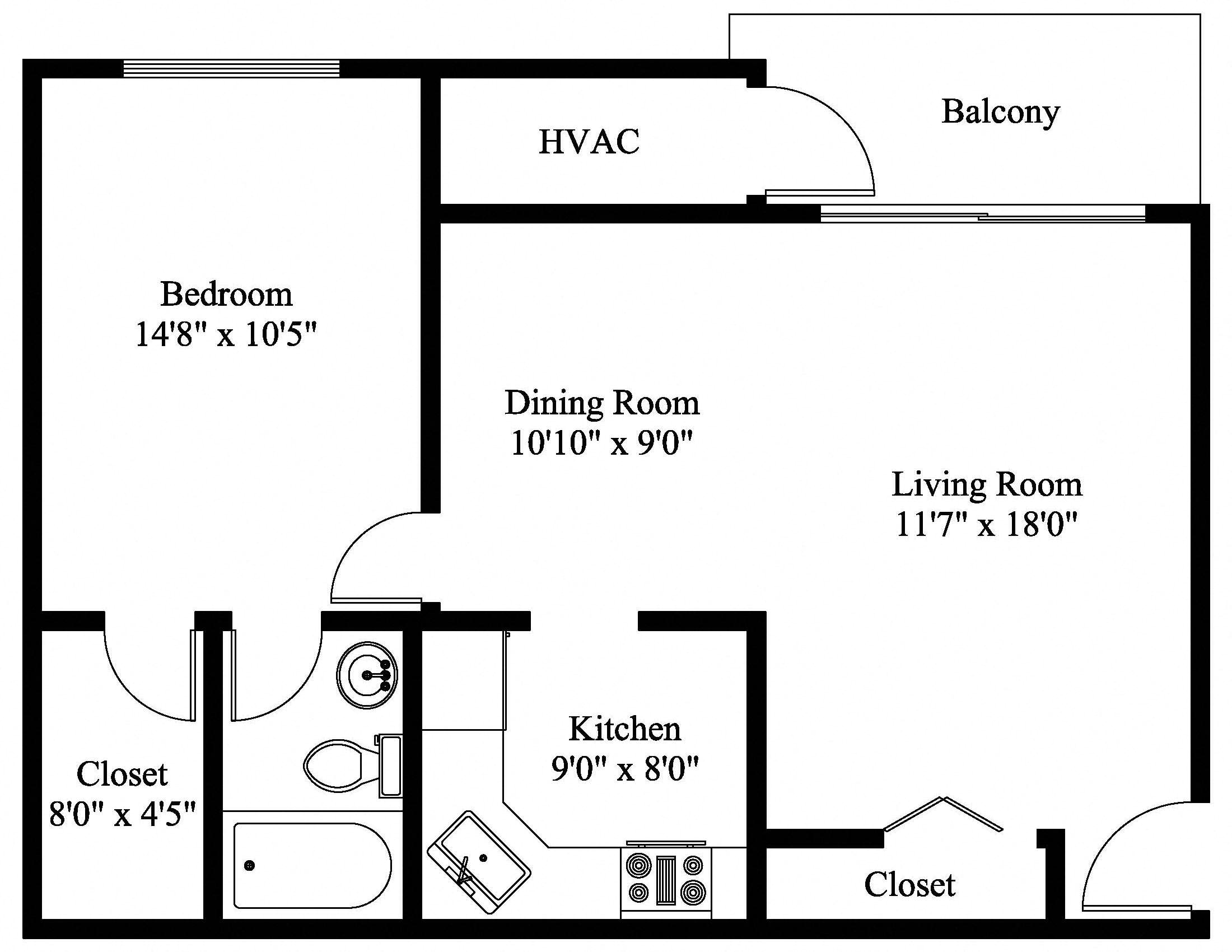 Floor plan for 1 bed, 1 bath, 620 sqft